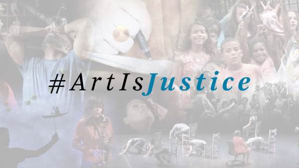 Text: #ArtIsJustice over a collage of artists with disabilities. 