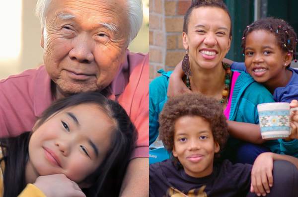 A collage showing a young boy in a gray hoodie using a power chair, an older Asian man in a pink polo shirt hugging his granddaughter, a young Black man smiling in blue scrubs, and a Black woman holding a mug surrounded by her two children sitting on steps.