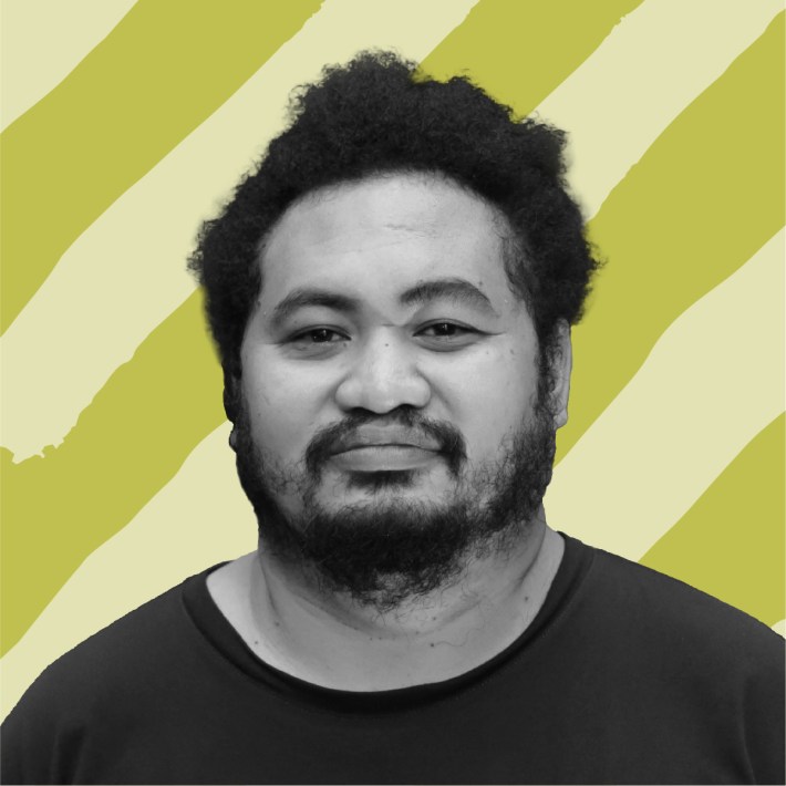 B&W portrait of Eka Putra Nggalu against a colorful geometric pattern.