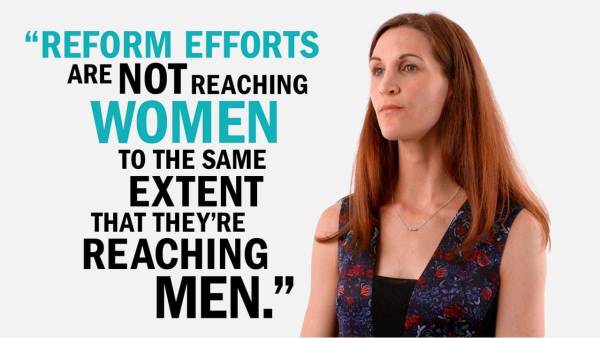 Elizabeth Swavola has long brown hair and is wearing a black dress with a  blue and red-flowered pattern. Next to her is copy that reads, "Reform efforts are not reaching women to the same extent that they're reaching men."