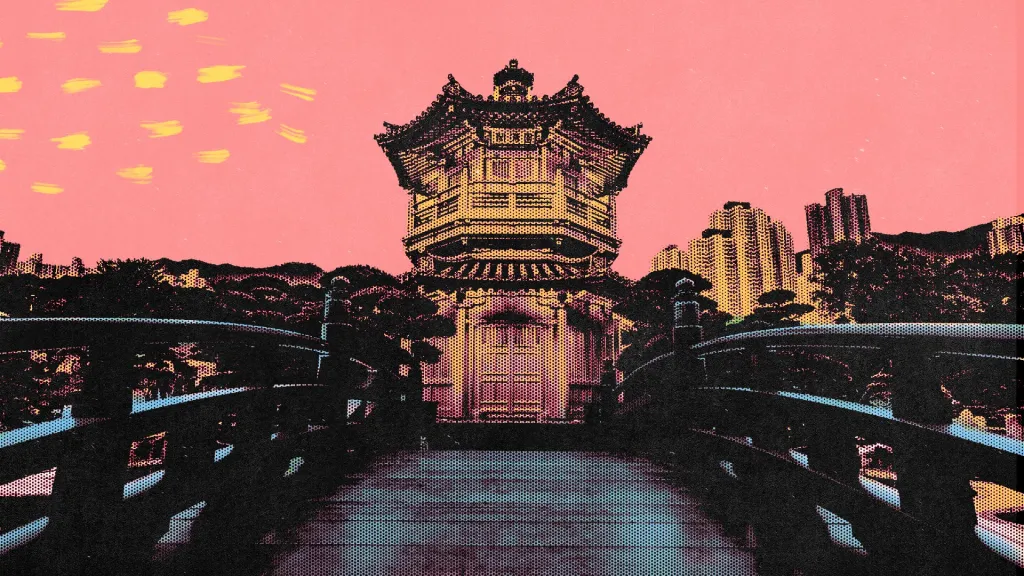 A pink collage of a Chinese temple and buildings in the distance.