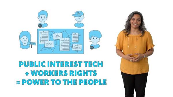 Sarita Gupta is a South Asian woman, wearing a mustard-yellow top and black pants. The phrase "Public Interest Tech + Workers Rights = Power to the People" appears to the left.
