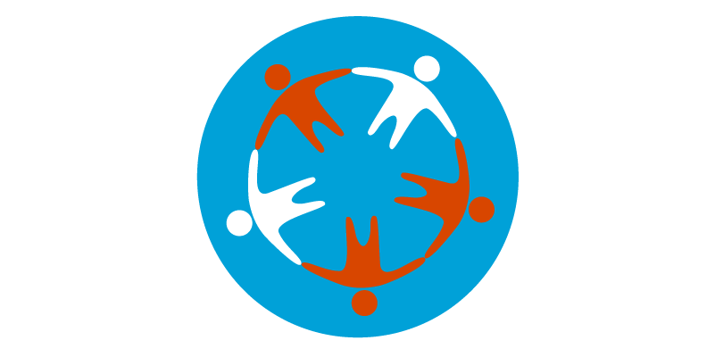 Blue circle with white and red people icons holding hands
